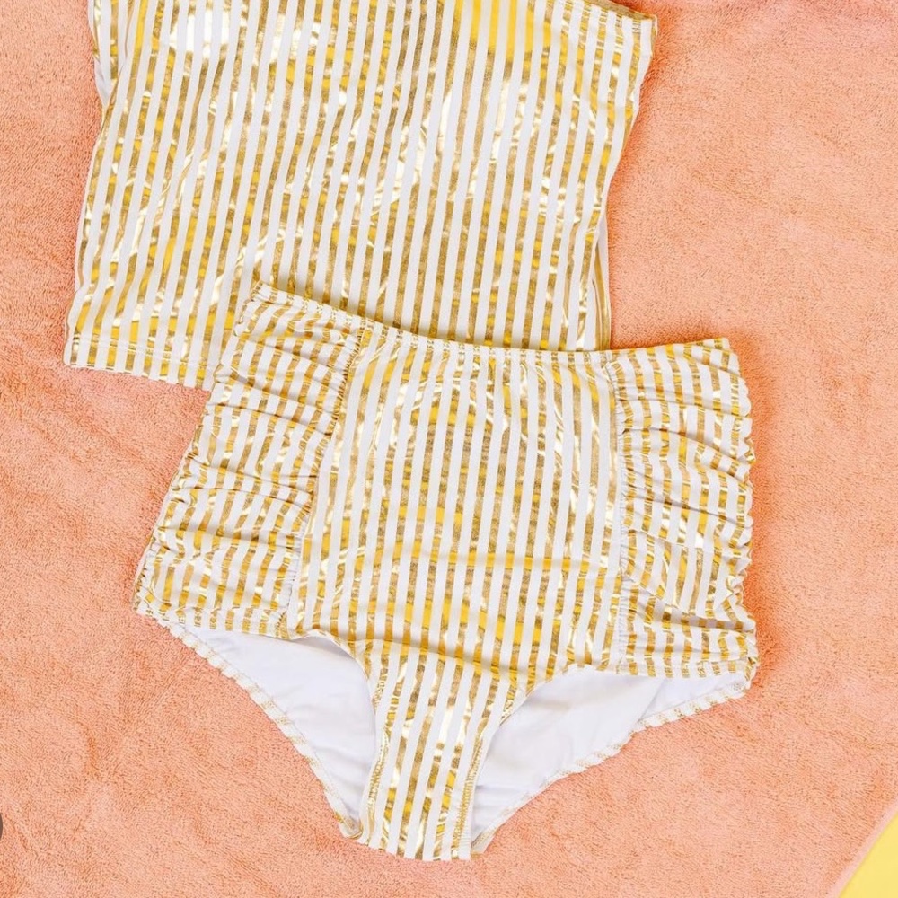 Kortni Jeane White & Gold Striped High-Waisted Bikini Bottom size Small